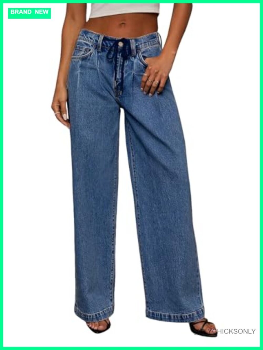 Drawstring Wide Leg High Waisted Baggy Stretch Denim Jeans